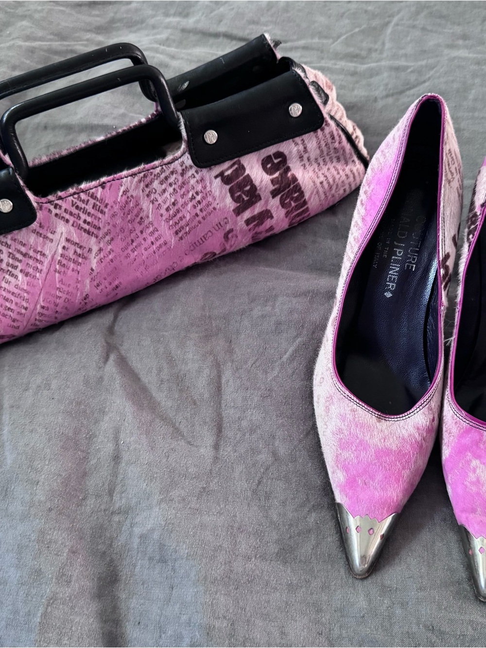 Donald J Pliner Couture Pink Pony Hair Newsprint Pumps & Matching Clutch, Size 7